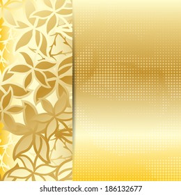Golden card or invitation template with floral background and place for text.