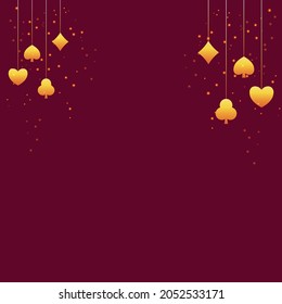 Golden Card Suits Hang And Lights Effect On Red Background With Copy Space.