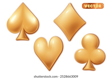 Golden card suits: Hearts, spades, diamonds, clubs. Isolated,decorated with vector diamonds. Vector illustration