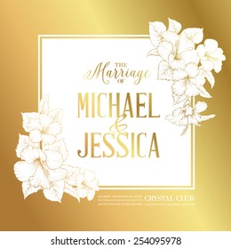 Golden card with wedding invitation text and bouquet of hibiscus flowers. Vector illustration.