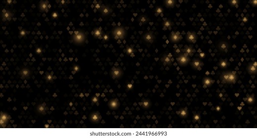 Golden Cards Signs Pattern VIP Casino Background. Symbols of Playing Cards Spades, Hearts, Diamonds, Clubs. VIP Casinos Business Advert Vector Design Background. Gambling Concept.