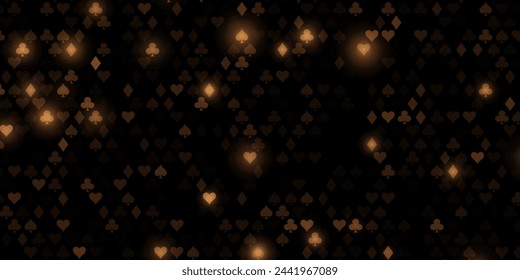 Golden Cards Signs Pattern VIP Casino Background. Symbols of Playing Cards Spades, Hearts, Diamonds, Clubs. VIP Casinos Business Advert Vector Design Background. Gambling Concept.