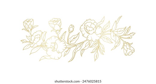 Golden carnation flowers line art isolated on white background. Luxury floral design elements for invitation, wedding, wallpaper, print template, vector illustration