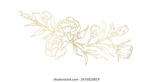 Golden carnation flowers line art isolated on white background. Luxury floral design elements for invitation, wedding, wallpaper, print template, vector illustration