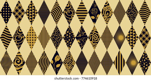Golden carnival background. Seamless vector pattern with rhombuses and decorative ornaments.  Abstract geometric composition for cards, invitations, tickets, covers, textile design.