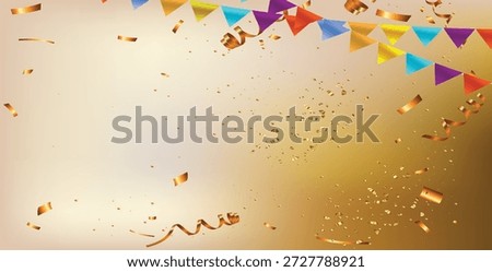 Golden carnival confetti falling on gradient background with party bunting. Celebration and festive holiday banner.