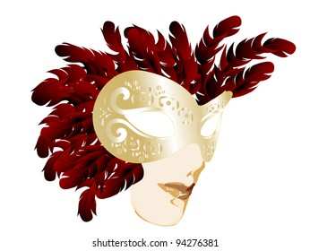 Golden carnival face mask with red feathers