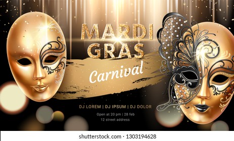 Golden carnival mask with butterfly for mardi gras banner. Fat tuesday flyer or background for card design. Venice masquerade celebration or venetian holiday, party poster. Holiday and celebration