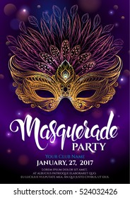 Golden carnival mask with feathers. Beautiful concept design with hand drawn lettering for poster, greeting card, party invitation, banner or flyer. Vector Illustration. 