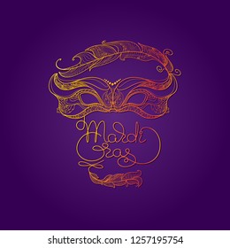 Golden carnival mask with feathers on a purple background. Beautiful design with hand-drawn lettering Mardi Gras. Vector Illustration.