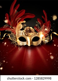 Golden carnival mask with feathers on bokeh background in 3d illustration