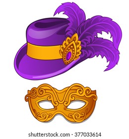 Golden carnival mask and hat. Vector.