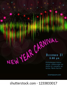 Golden Carnival Mask, Masquerade, Mardi Gras. Carnival glittering  design, Night Party Poster, Dance Party Flyer, Musical Party Banner, Carnival Invitation. Hi tech. Vector illustration.