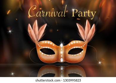 Golden Carnival Mask, Masquerade, Mardi Gras. Carnival glittering lettering design, Night Party Poster, Dance Party Flyer, Musical Party Banner, Carnival Invitation. - Vector