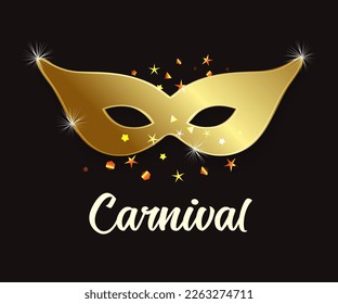 Golden carnival mask on black background. Holiday Purim, traditional jewish symbol. Mardi gras vector illustration