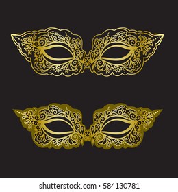 Golden carnival mask on the black background. Beautiful lace mask. Vector illustration