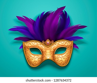 Golden carnival mask with purple feathers decorations on blue background, 3d illustration