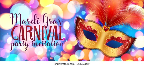 Golden carnival mask with red feathers on colorful bokeh background, vector Mardi Gras banner template