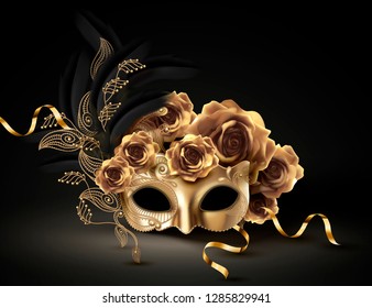 Golden carnival mask with roses and feathers in 3d illustration