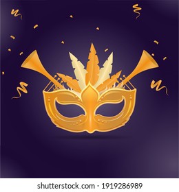 Golden Carnival Mask With Trumpet Instruments And Confetti Ribbon On Purple Background.