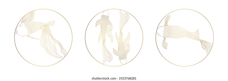 Golden carp fish logo design templates in trendy linear minimal style. Asian symbols - gold koi carp. Emblem, symbols and icons for cosmetics, jewellery, beauty and handmade products.