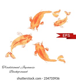 Golden carp ink background. Isolated illustration. Vector image.