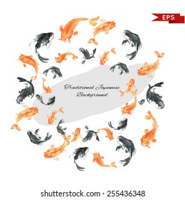 Golden carp ink background. Isolated illustration. Vector image.