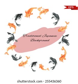 Golden carp ink background. Isolated illustration. Vector image.
