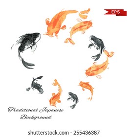 Golden carp ink background. Isolated illustration. Vector image.