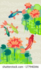 golden carp on a background of water lilies. EPS 10. No transparency. No gradients.
