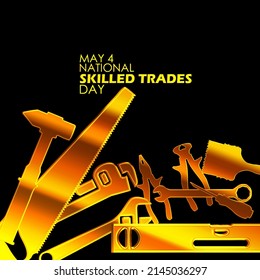 Golden Carpentry Tools Such As Hammers, Saws, Wrenches And Others With Bold Texts Isolated On Black Background, National Skilled Trades Day May 4