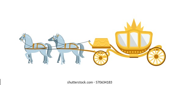 Golden Carriage drawn by four gray horses on white background. Vector flat illustration.