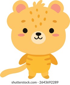 A golden cartoon animal with a cat-like face, small tail, and spots stands upright. It has pink inner ears and a small, cute mouth.