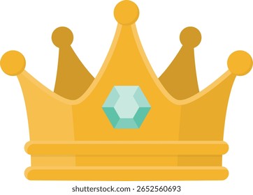 Coroa de desenho animado dourado com joia esmeralda em estilo de vetor plano para a realeza, distintivo de jogo, ou ilustração de ícone de recompensa premium