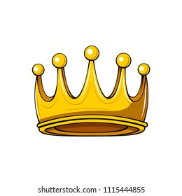 Golden cartoon crown. Royal badge. King symbol. Queen sign. Design element. Vector illustration.