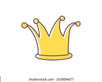 Golden cartoon doodle illustration. Funny king, queen, princess crown. Royal, deluxe symbol. Queen sign. Vector illustration