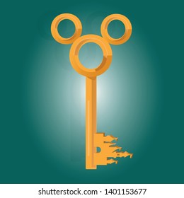Golden cartoon key to the fantasy world on green background