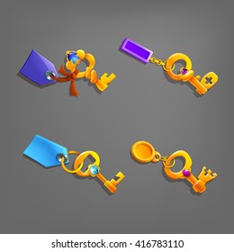 Golden cartoon keys with trinkets. Vector illustration.