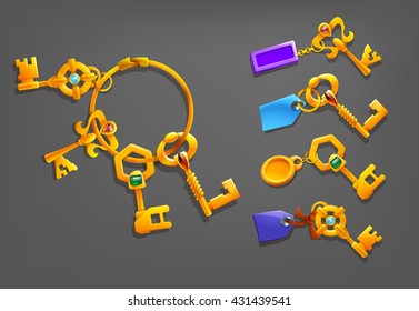 Golden cartoon keys with trinkets. Vector illustration.