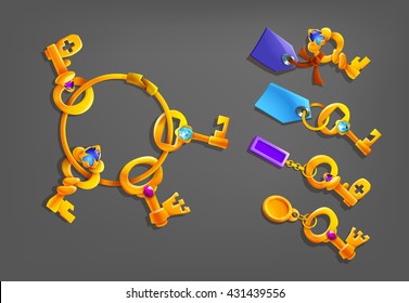 Golden cartoon keys with trinkets. Vector illustration.