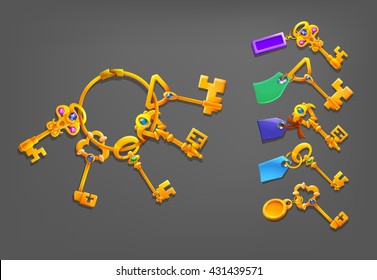 Golden cartoon keys with trinkets. Vector illustration.