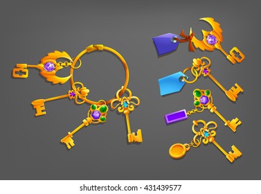 Golden cartoon keys with trinkets. Vector illustration.