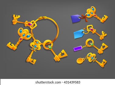 Golden cartoon keys with trinkets. Vector illustration.