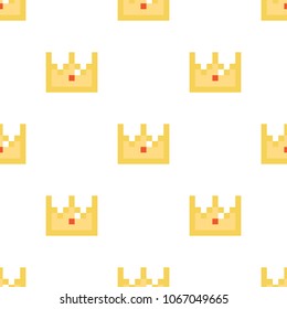 Golden cartoon pixel crown seamless pattern background.