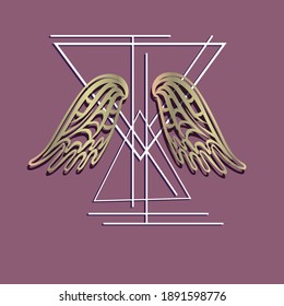 Golden carved angel wings. Vector illustration on an abstract background with a composition of triangles and lines.