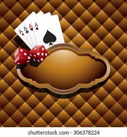 Golden Casino banner with Dice and Poker Cards on padded background