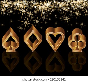 Golden casino card with poker elements, vector illustration