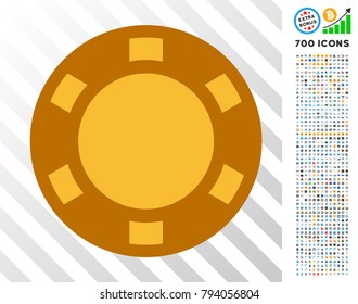 Golden Casino Chip pictogram with mining and blockchain additional collection. Vector style is flat yellow symbols. Bonus has 700 pictograms.