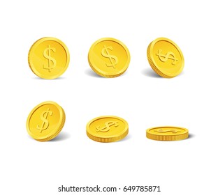 Golden casino coins in different positions isolated on white. Vector.