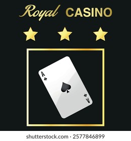 Golden casino logo with three stars and ace. Vector on a black background